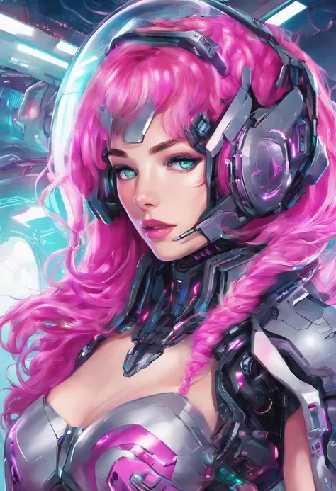 Cyborg 19yo completamente desnudo, ((rubio)), cuerpo de acero. Dos bollos de pelo, Cabello largo, Pink latex stockings, tocando sus pechos, robot, cyberpunk, Shiny metal rope, Neon Lines Bra, Chica Android, cara bonita, ojos detallados, mirando hacia un la...