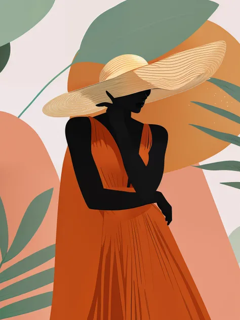 Illustration of a woman in a hat and dress standing in front of a plant, in style of digital illustration, Illustration style, Digital illustration, woman with hat, inspired by André Castro, author：Ross Enriquez, digital art illustration, #illustration, il...