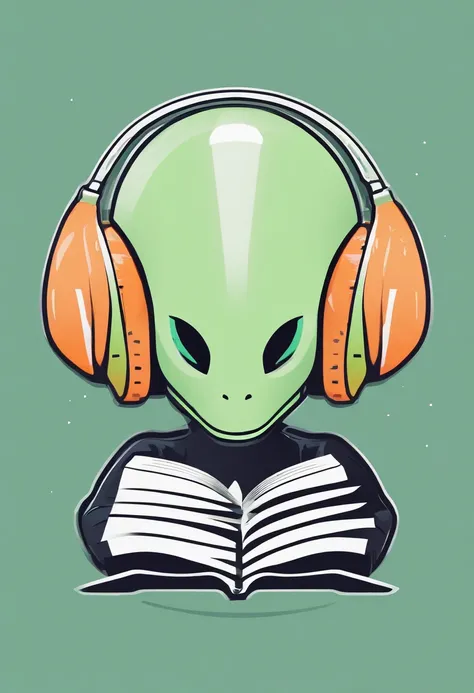 Iconic vector logo of a cute alien wearing headphones and holding an English book, style of sticker, made only from lines, pastel green, orange and lilac colors, black background