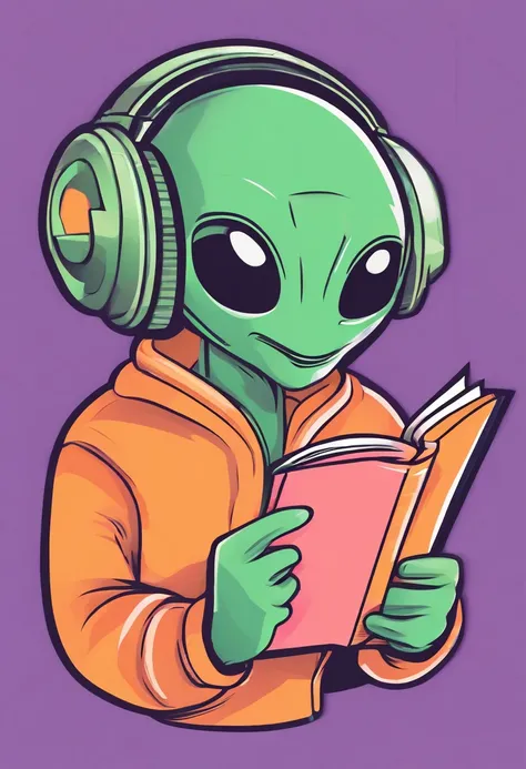 Iconic vector logo of a cute alien wearing headphones and holding an English book, style of sticker, made only from lines, pastel green, orange and lilac colors, black background