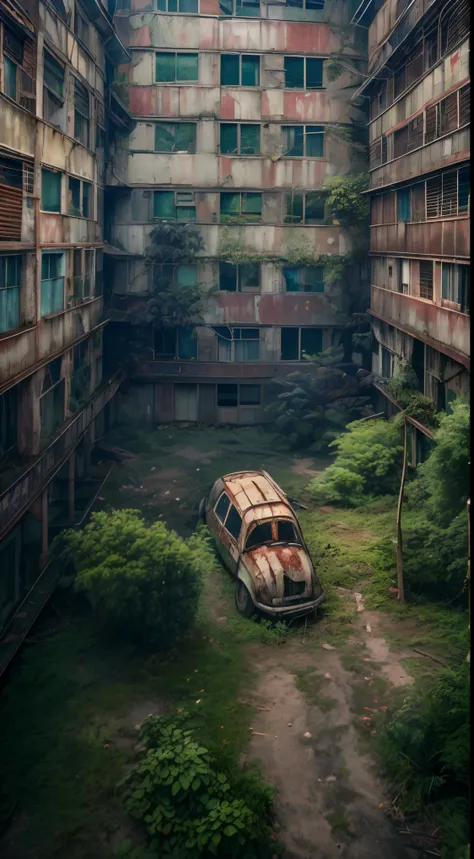 Cidade abandonada, com cores neutras, Foggy，Greenery crawls over abandoned city buildings, cinema shot, Complex urban background,Silently，shadowy， Dappled walls，Rusty street buildings，traffic light，Running wild deer, Abandoned rusty car, Dilapidated shop, ...