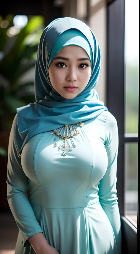 1 malay girl, modern plain hijab, shy, medium portrait, watery eyes, wearing pastel green kebaya, ((big breasts)), blue light bokeh background, well-proportioned body,