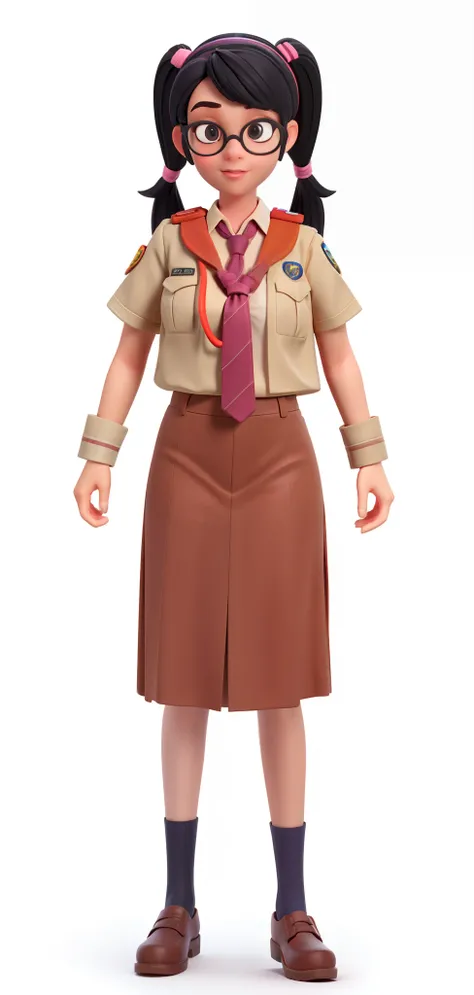 a cartoon girl in a scout uniform with glasses and a tie, girl wearing uniform, full - body portrait of a ranger, peggy hill, drawn image, full uniform, frontal pose, female lead character, full body illustration, seifuku, with shoulder pads, by Hugh Hughe...