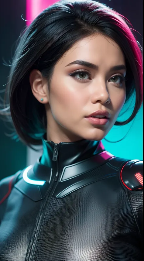 Create a futuristic sci-fi portrait featuring the Malay woman in sleek, high-tech attire, posing against a backdrop of advanced technology and neon lights, symbolizing innovation and progress