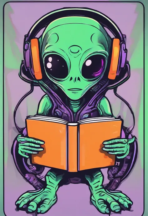 Iconic vector logo of a cute alien wearing headphones and holding an English book, style of sticker, made only from lines, pastel green, orange and lilac colors, black background