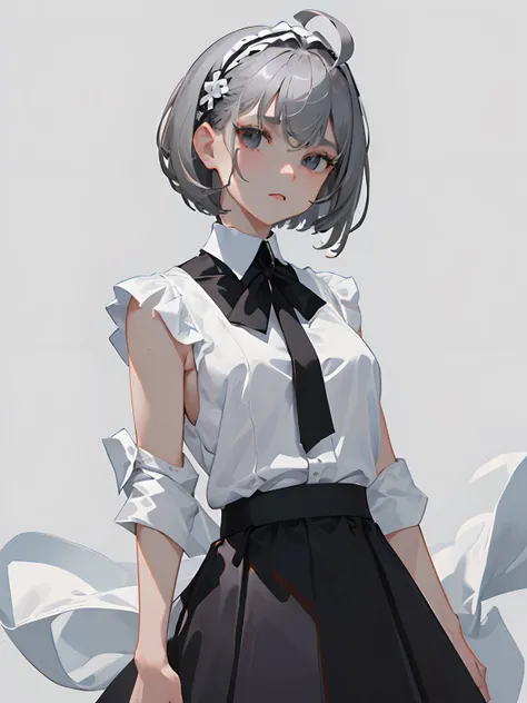 ((masterpiece, top quality), (one girl), (solo), (female focus), (ahoge, gray hair, short hair), black eyes, (white shirt), (black skirt), (black skirt), standing, white background, arms behind