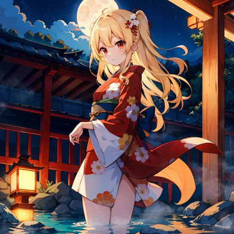 Wavy blonde、red eyes、One Beautiful Girl、Kimono、a moon、natta、hot onsen