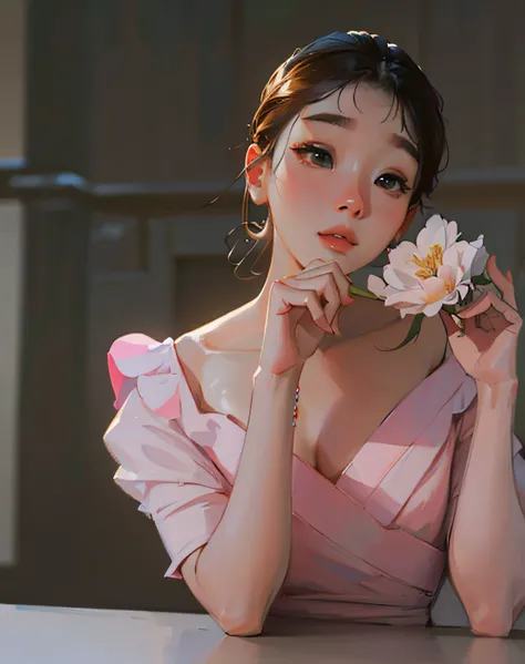 ((Best Quality, 8K, Masterpiece: 1.3)), best quality, ultra high res, (photorealistic:1.4),1girl, IU, Lee Ji-eun, iu art, arms behind back, colorful, clear sharp focus, soft lights, Intricate details, perfect face, a close up of a woman in a pink dress hol...