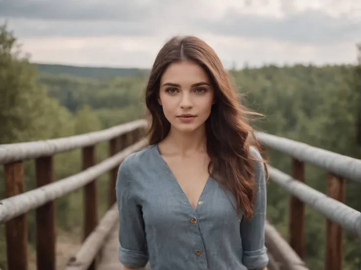 beautiful girl walking on old metal bridge old photo