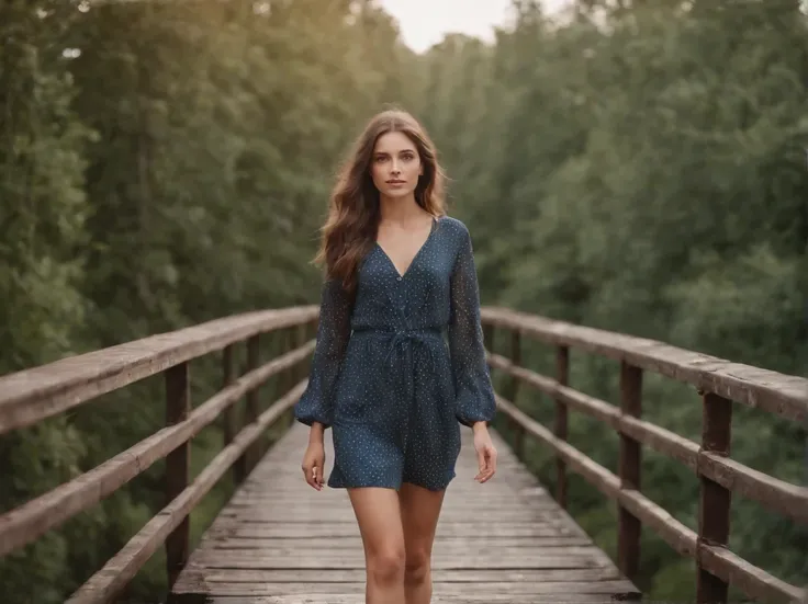 beautiful girl walking on old metal bridge old photo