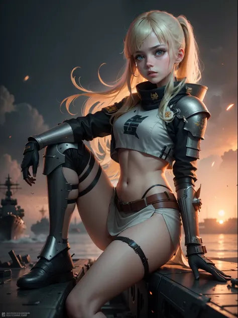 Destroyed aircraft carrier,ukrainian girl , Ukrainian anime girls , , Ukraine ,  Full body composition of young girl with messy bright blonde hair, eye make up, 13 year old,  Soft lighting, Solo,, badges, Pose, Blotch color, Octane Render, Hyperrealistic i...