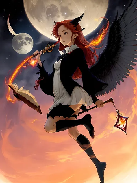 {{in style of ghibli}}，{{quadratic element}}，Witches with wings，full bodyesbian，red hair，Long scepter，Levitation Magic Book，ln the forest，black cats，Glowing Philosophers Stone，themoon，