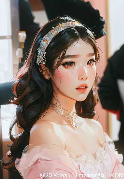 ((Best Quality, 8K, Masterpiece: 1.3)), best quality, ultra high res, (photorealistic:1.4),1girl, IU, Lee Ji-eun, iu art, arms behind back, colorful, clear sharp focus, soft lights, Intricate details, perfect face, a close up of a woman wearing a pink dres...