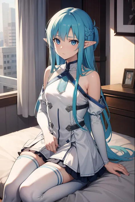 asunayuuki, asuna yuuki, long hair, blue eyes, blue hair, pointy ears, elf, (small breast:1.2),
BREAK thighhighs, dress, boots, detached sleeves, zettai ryouiki, white footwear, blue thighhighs,
BREAK indoors, bed, bedroom,
BREAK looking at viewer, BREAK (...