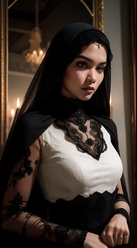 capture a hauntingly beautiful portrait of the malay woman in a gothic-inspired,white long hair, black lace gown with a veil, se...