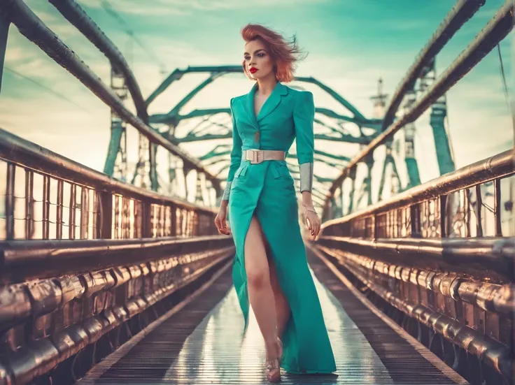 beautiful girl walking on old metal bridge old photo