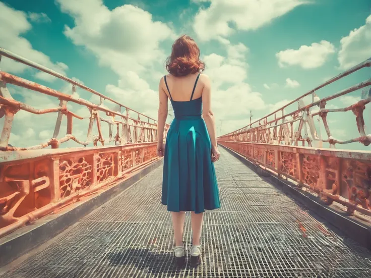 beautiful girl walking on old metal bridge old photo