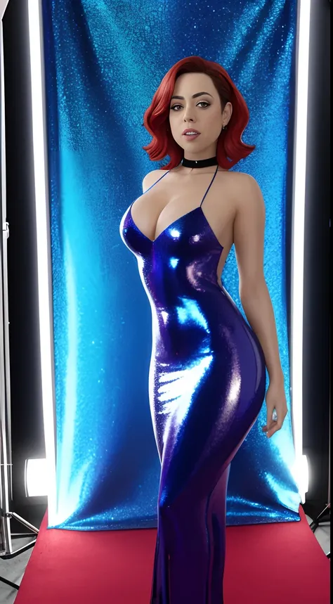 Red Carpet Award Show, Axtra Pose, Full View, Full Body, Head to Toe, Day, Daylight, Full Body of Wet Mature Old Aged Aubrey Plaza in Red Lipstick, Wearing Harley Quinn Tight Slim Deep Blue Ultra Glossy Shiny Metallic Vampire Latex Mermaid Gown, Standing o...