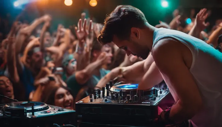 concierto de musica electronica con un dj y multitud levantando las manos