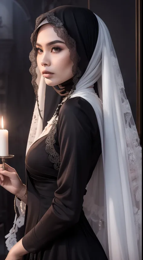 Capture a hauntingly beautiful portrait of the Malay woman in a gothic-inspired,white long hair, black lace gown with a veil, set within a mysterious and eerie mansion, where candlelight casts eerie shadows, creating an atmosphere of dark, Gothic horror.