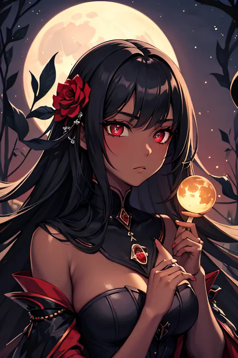 Masterpiece, Best Quality, Night, Full Moon, 1 Girl, Mature Female, Black Skin Tone, Sister, Royal Sister, Cold Expression, Face expressionless, Black Long Haired Female, Calm, Intellectual, Three Bands, Red Pupils, Assassin, Short Knife, Flower Ball Backg...