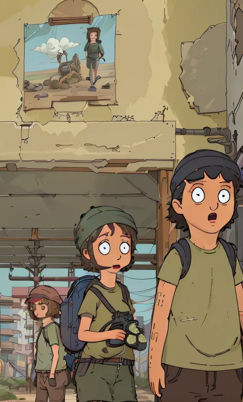 2girls 2boys adventuring in ancient desert ruins, khaki clothes hats and backpacks cargo action camera dutch angle (masterpiece:...