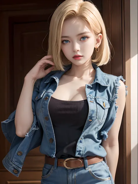 (masterpiece, best quality), 1girll, beautiful face, beautiful body,  android18, earrings, denim, belt