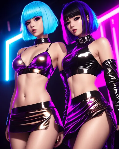 1girl, shimmering metallic cloth miniskirt,, shimmering metallic cloth corset, neon lighting, cyberpunk, midriff, bobcut