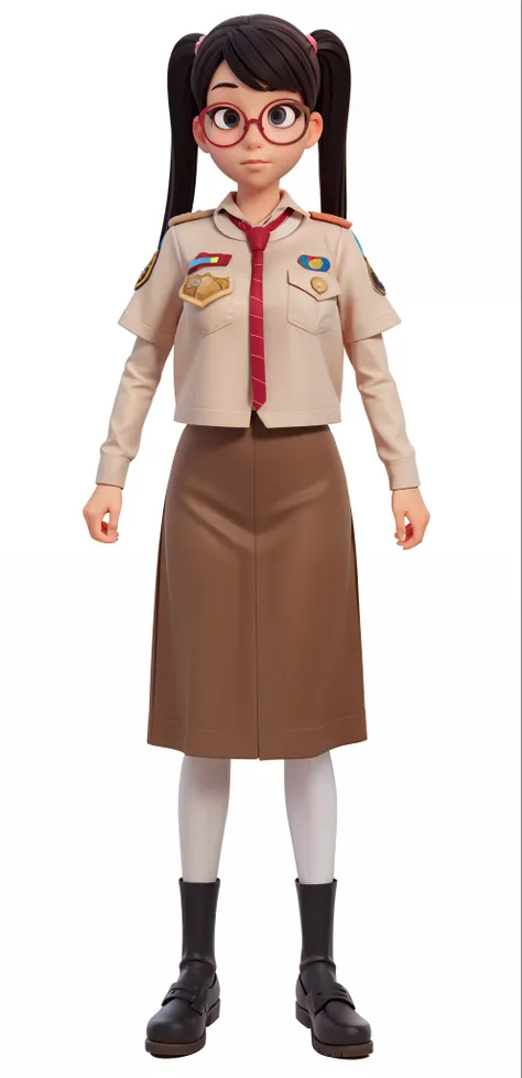 a cartoon girl in a scout uniform with glasses and a tie, girl wearing uniform, full - body portrait of a ranger, peggy hill, drawn image, full uniform, frontal pose, female lead character, full body illustration, seifuku, with shoulder pads, by Hugh Hughe...