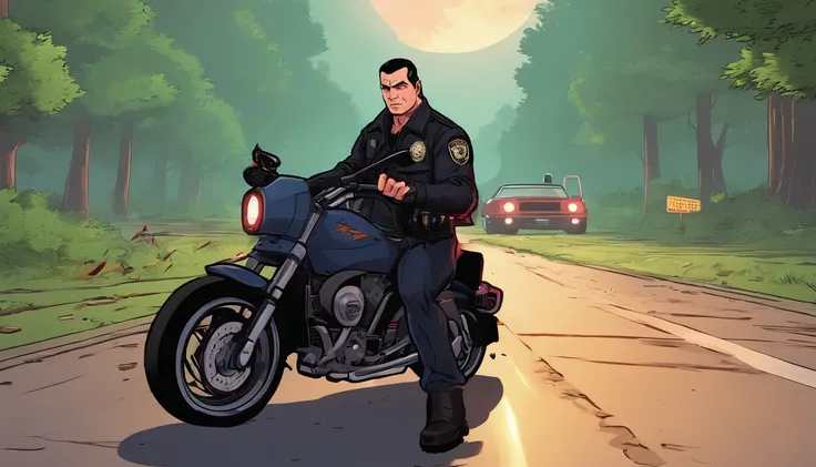 a 45-year-old police officer with black short hair and a distinctive black jacket. Hes a seasoned investigator who doesnt let the pouring rain deter him from riding his trusty motorcycle down a winding forest road at night, chasing down mysteries that lurk...