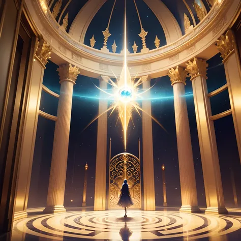 A large key of shining crystal sits in the middle,There are gold doors with glass and mirrors, doors that are cosmic portals, magic doorway, gold gates of heaven!!!!!!!!, wonderland portal, Learn more about 3D magic, ornate borders + Concept art, portal to...