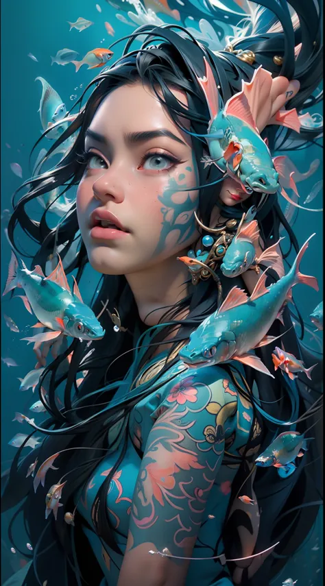 A woman with fish on her head and long hair, lindo arte digital, linda arte digital linda, retrato bonito da arte da fantasia, Retrato da Sereia, bela arte digital, bela arte digital, sereia bonita, Grande arte digital com detalhes, asian female water elem...