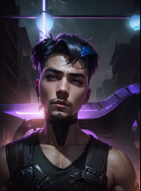 Cange background like cyberpunk and change the clothes like ninja and back two sword and change hair like thor and hunter eyes and face jawline