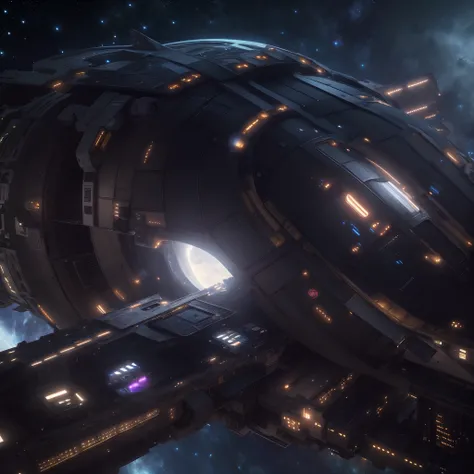 A huge spaceship,full bodyesbian，Solo，Spaceships in the Avengers，seen from outside，(multiple lighting sources:1.5),Detailed hull details,Cosmic galaxy background,Escaped spaceship,((Best quality)), ((Masterpiece)), (Epic composition:1.2), (unreal 5 render:...