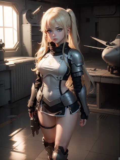 Destroyed aircraft carrier,ukrainian girl , Ukrainian anime girls , , Ukraine ,  Full body composition of young girl with messy bright blonde hair, eye make up, 13 year old,  Soft lighting, Solo,, badges, Pose, Blotch color, Octane Render, Hyperrealistic i...