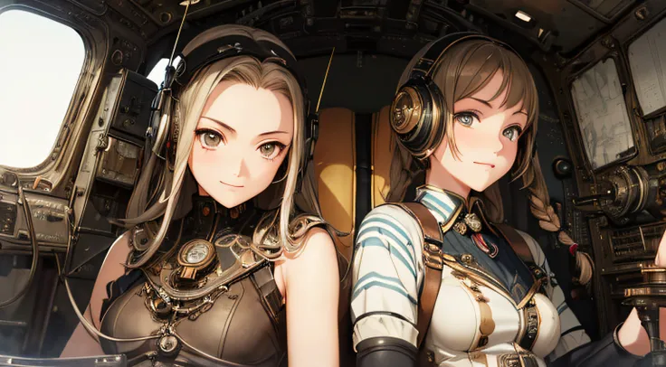 steampunk, two women, sitting in cockpit of world war 2 era fighter airplane, (((masterpiece))), ((((best quality)))), (((ultra-...