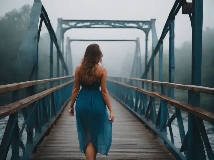 beautiful girl beautiful body beautiful face walking on old blue metal bridge old photo fog summer confidence confidence