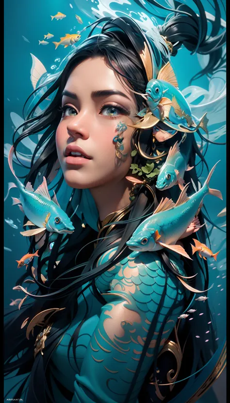 A woman with fish on her head and long hair, lindo arte digital, linda arte digital linda, retrato bonito da arte da fantasia, Retrato da Sereia, bela arte digital, bela arte digital, sereia bonita, Grande arte digital com detalhes, asian female water elem...