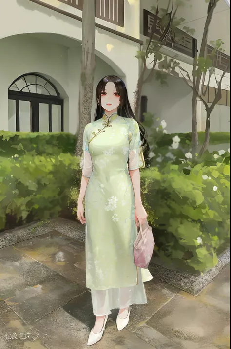 a woman in a green dress standing in front of a building, ao dai, in style of lam manh, soft silk dress, cheongsam, with acient chinese clothes, light half opened dress, phong shaded, chinese dress, mai anh tran, traditional chinese clothing, traditional, ...