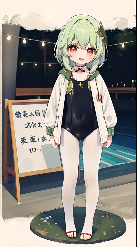 1girll, Solo, Green hair, Red eyes, Short hair, shirt, Open mouth, Smile, red colour，Wear a swimsuit suit。swimming uniform，Hood, Jacket, view the viewer, kazami yuuka,bangs,shorter pants，lacepantyhose，high-heels，Full body photo