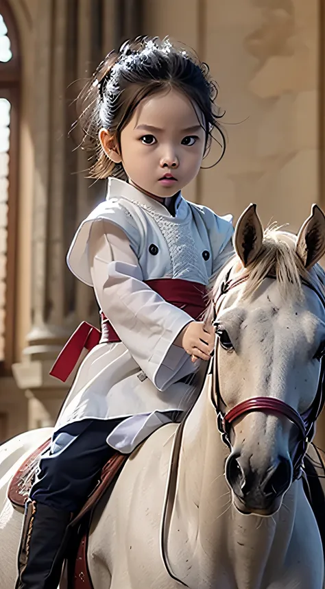 masterpiece, best quality, photorealistic ,1 baby boy, 5 months old, holdingsword, wearing white outfit, sit on a horse