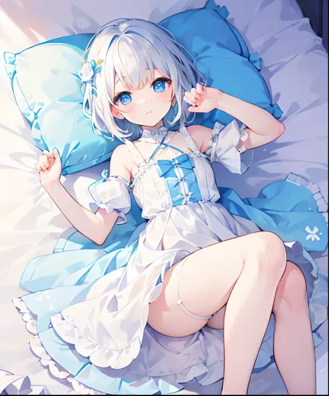 Delicate light blue pupils，Milky white is cute and cute short hair，Super cute blue speckled light cream milk dress，There are gauze clothes， It is a simple cute little loli