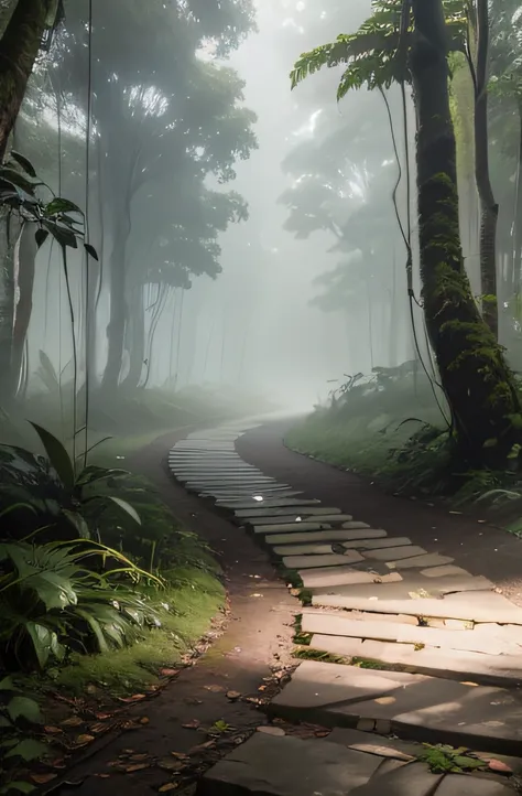 A perfect beautiful footpath in the middle of a dark Amazon rainforest, fotorealistisch, Of course, the atmosphere shrouded in fog., Foto, Plakat, 3D-Rendering, Produkt, Tierfotografie