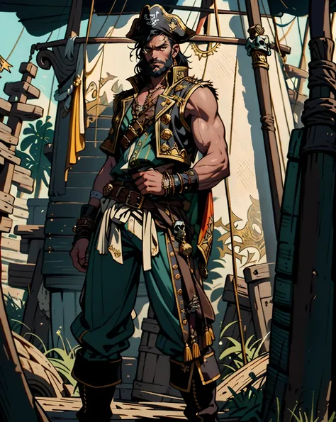 A middle-aged man with long black hair, medium length hair, wears a small round felt hat on his head, he has a cunning and sharp gaze, a beard, a tall and imposing figure, a fantasy-style pirate coat, sleeveless, exquisite stripes, a large skull pattern, h...