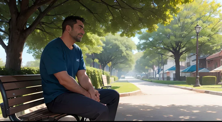 A 40-year-old man sitting on a park bench in the shade of a tree