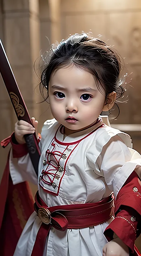 masterpiece, best quality, photorealistic ,1 baby boy, 5 months old, holding a red tasseled gun, wearing white outfit