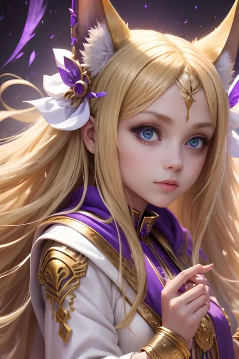 A  girl, blond hair, servant of the god Anubis, white robes, The Magic of Purple