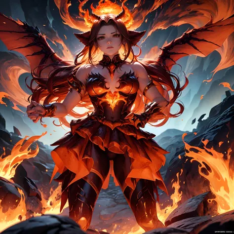 game art, (Ifrit a female mythical beast clad in flames, stands in the lava area), extraordinary masterpiece:2, Highest quality:2,  depiction of details:2, high dynamic range, v-ray rendering, octane rendering, Very detailed eyes, Beautiful flame, very nic...