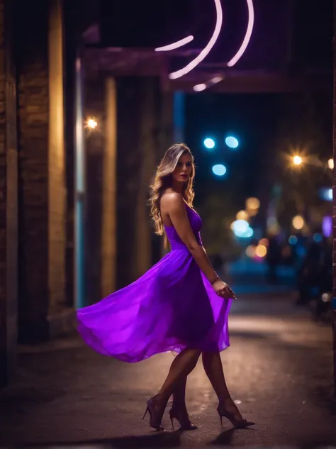 full body photographed from the front beautiful woman in airy fluorescent purple dress, high heels, in night party, motion, blue, neon, movement, photo realistic