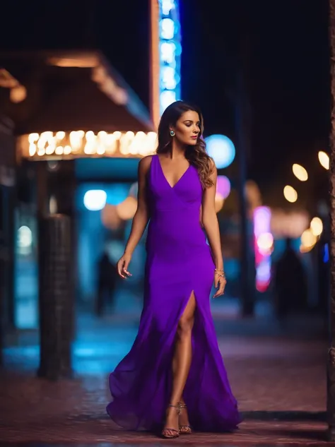 full body photographed from the front beautiful woman in airy fluorescent purple dress, high heels, in night party, motion, blue, neon, movement, photo realistic